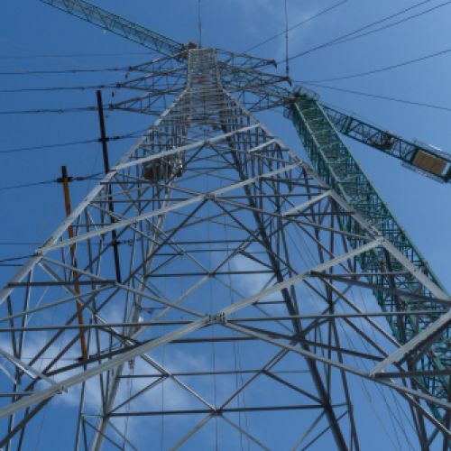 Electrical towers seen from the ground